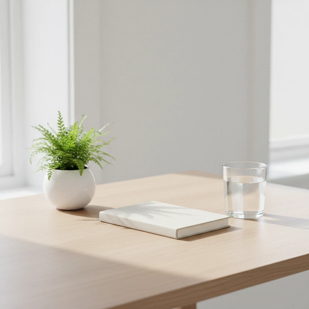 Rustige werkplek met notitieboek, plant en glas water op een licht bureau