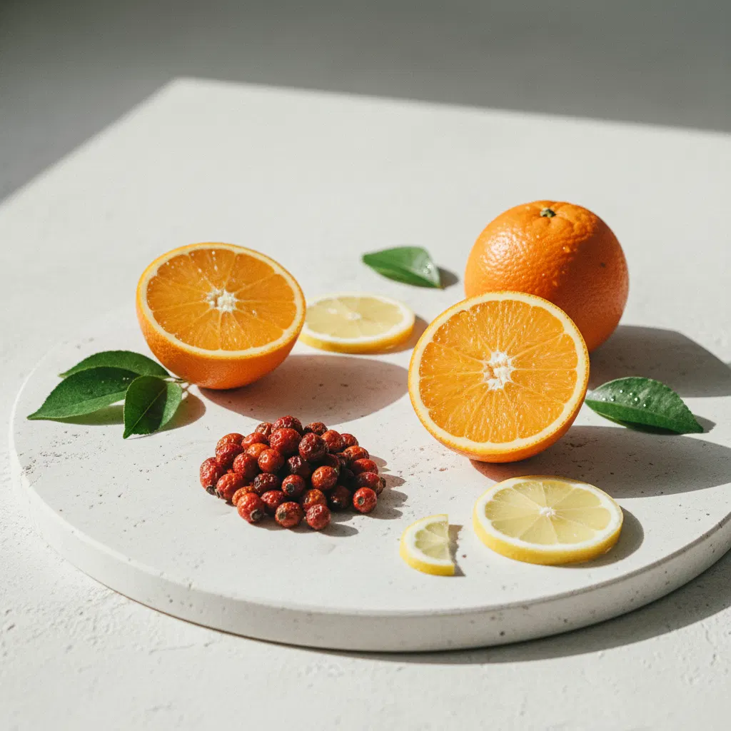 Verse citrusvruchten en rozenbottels als bron van vitamine C op een lichte ondergrond