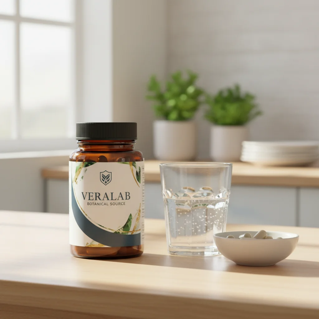 VeraLab Botanical Source amber fles naast een glas water en een schaaltje amandelen op een keukenblad